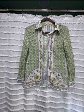 Tory Burch Green Patterned Button-Down Shirt with Floral Panels